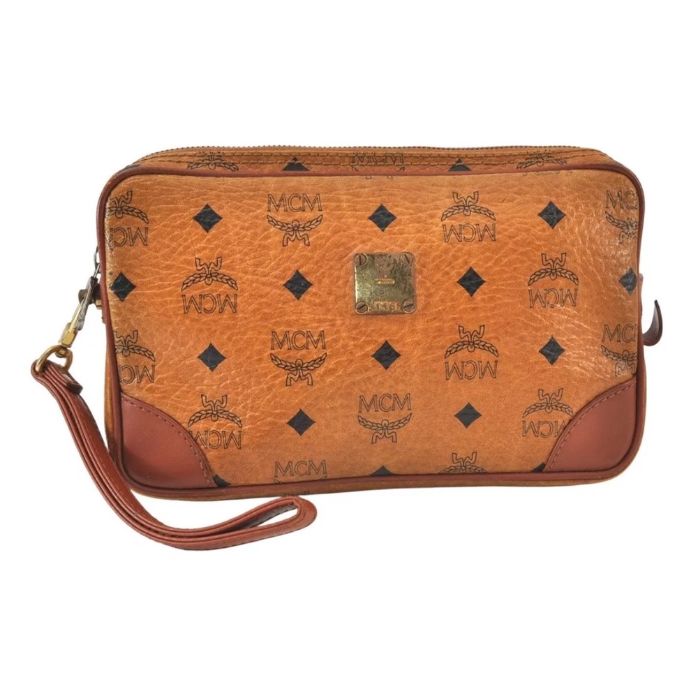 MCM Brown Clutch with Logo Pattern and Wrist Strap